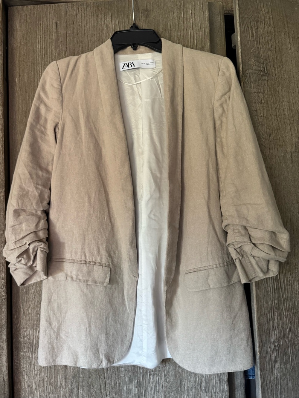 Zara Light Beige Open-Front Linen-Blend Blazer with Ruched Sleeves